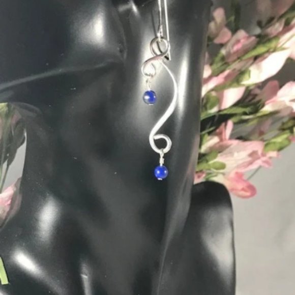 Lapis Lazuli Sterling Silver Dangle Earrings- Lapis Lazuli Earrings Style #1 - Picture 2 of 4